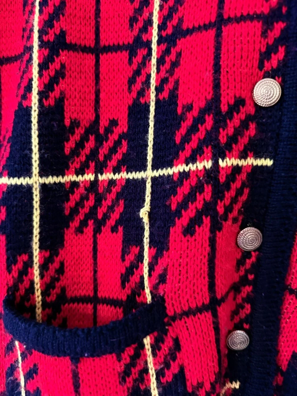 Vintage Tally Ho Red Plaid Knit Jacket with Black Trim 1980s Womens Medium - Picture 10 of 14